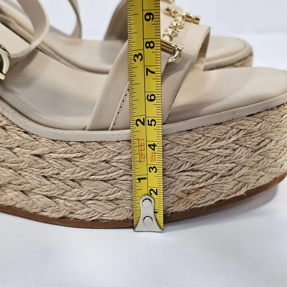 Massimo Dutti Spain Beige Leather Bit Platform Jute Wedge Sandals Sz 38 US 7.5